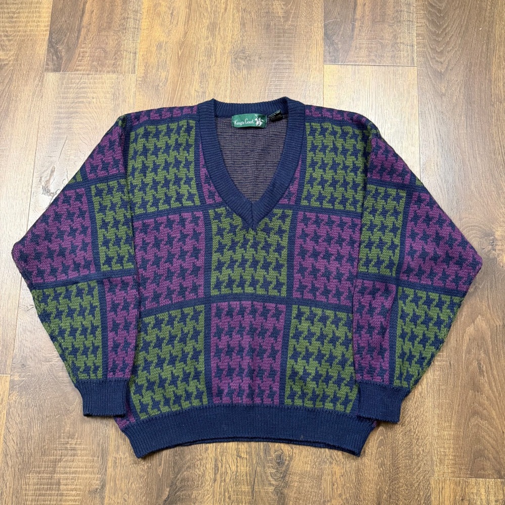 Vintage 90s Kings Court Wool Sweater Men's L Houndstooth Colorblock V-Neck Korea